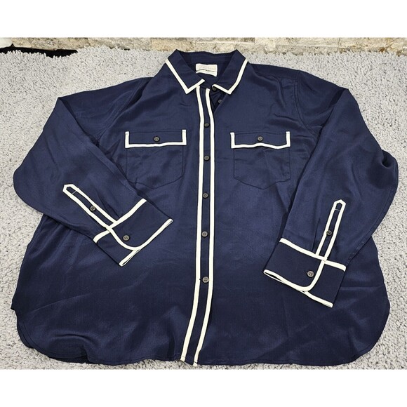 RARE 100% silk J.Crew Classic Fit Button Up Shirt Womens 18 Navy Blue White Trim - Picture 9 of 15
